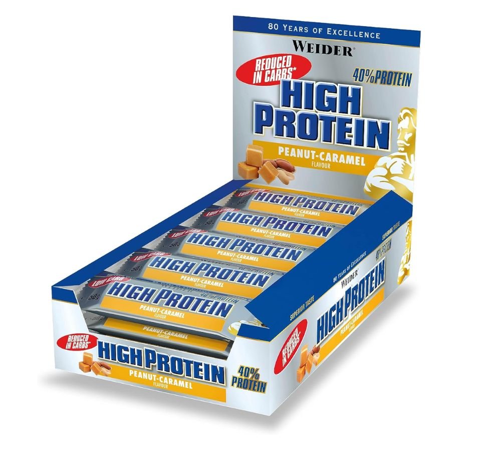 Weider 40% Low Carb High Protein Bar, Peanut Caramel, 20g of Protein, 24 bars