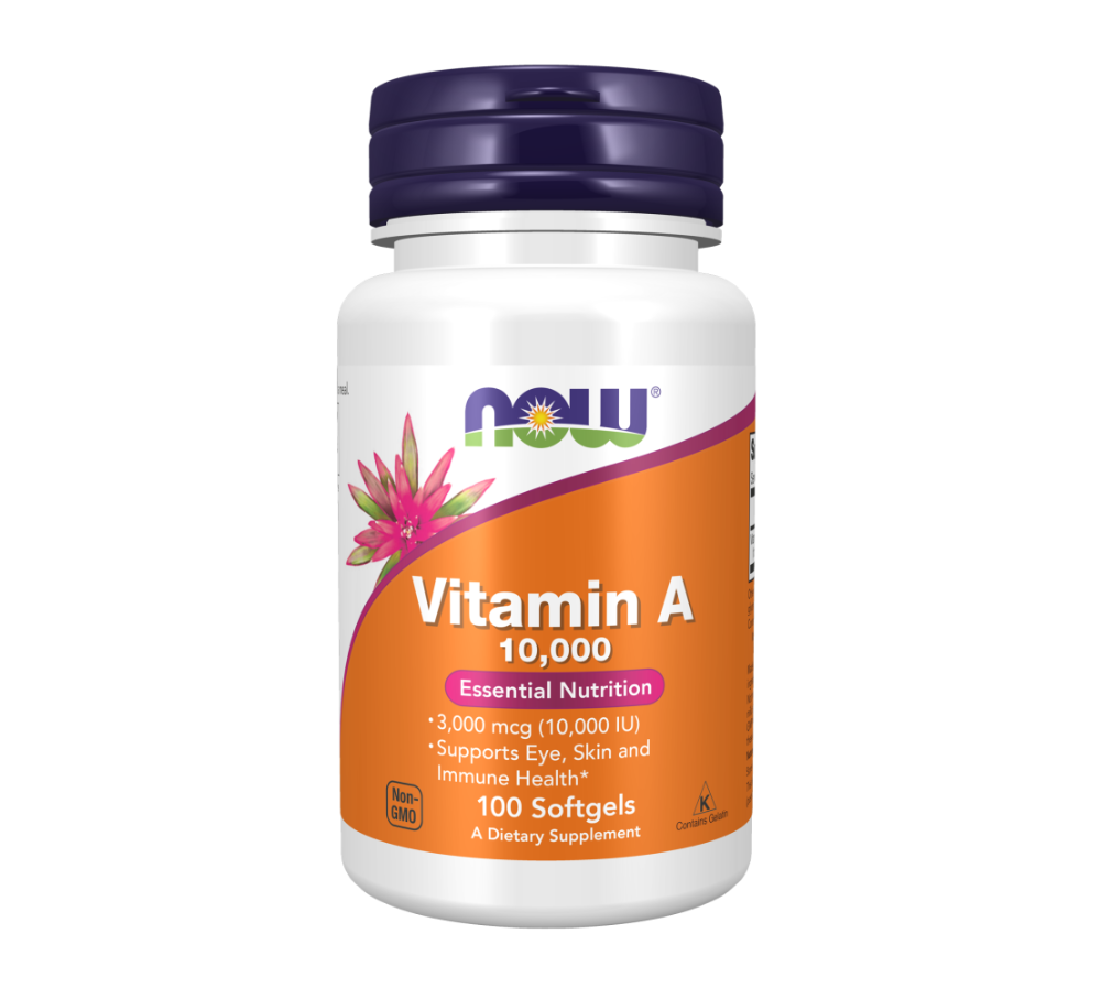 NOW Foods Vitamin A 10,000 IU Softgels provide 3,000 mcg (10,000 IU) of vitamin A per softgel.