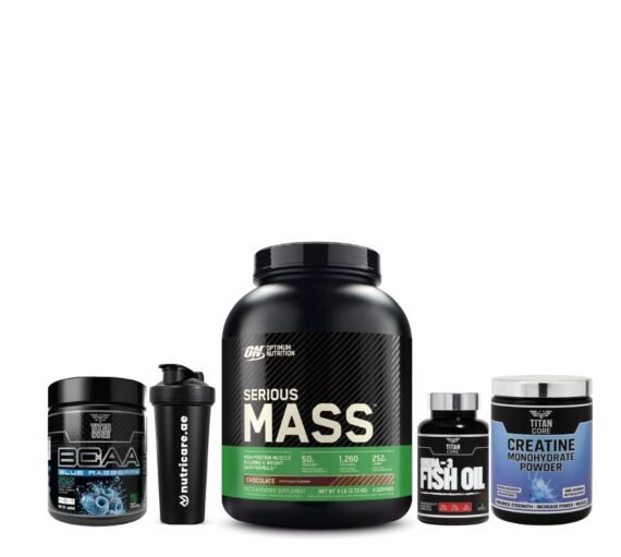 Optimum Nutrition Serious Mass 6LB + Titan core Creatine Monohydrate Powder 300g+ Titan core BCAA + Omega 3 +One shaker