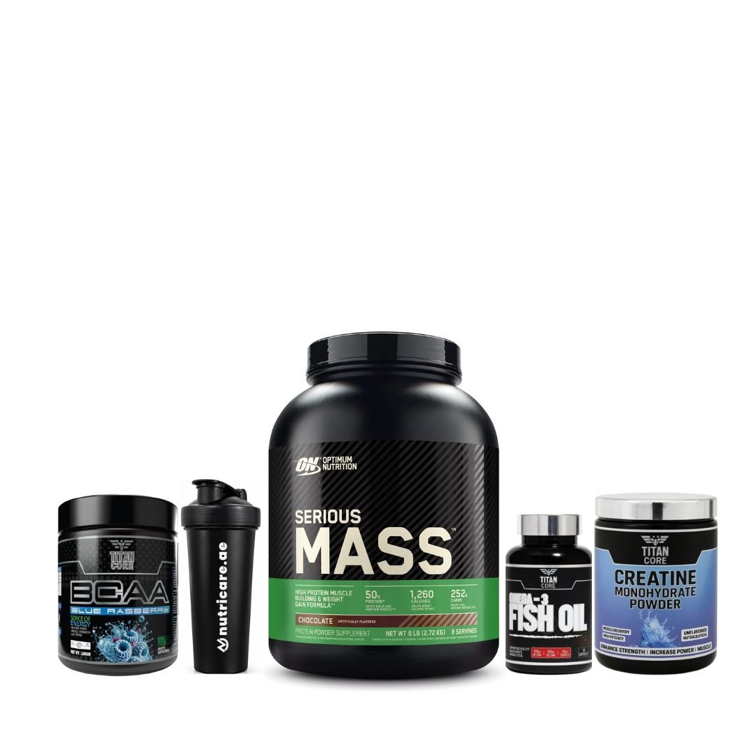 Optimum Nutrition Serious Mass 6LB + Titan core Creatine Monohydrate Powder 300g+ Titan core BCAA + Omega 3 +One shaker
